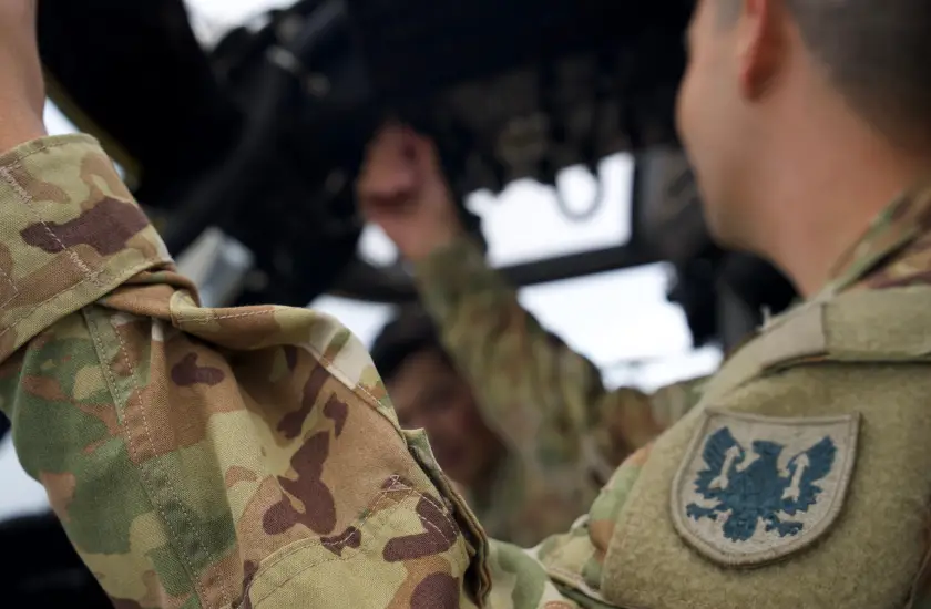 Closeup of the shoulder insignia patch on a soldier’s combat uniform